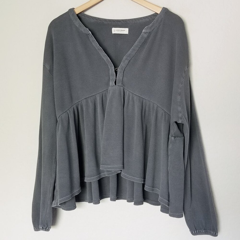 Lucky Brand Waffle Knit Peplum Top L Ebony Grey 100% Cotton Oversized Babydoll - Picture 5 of 16